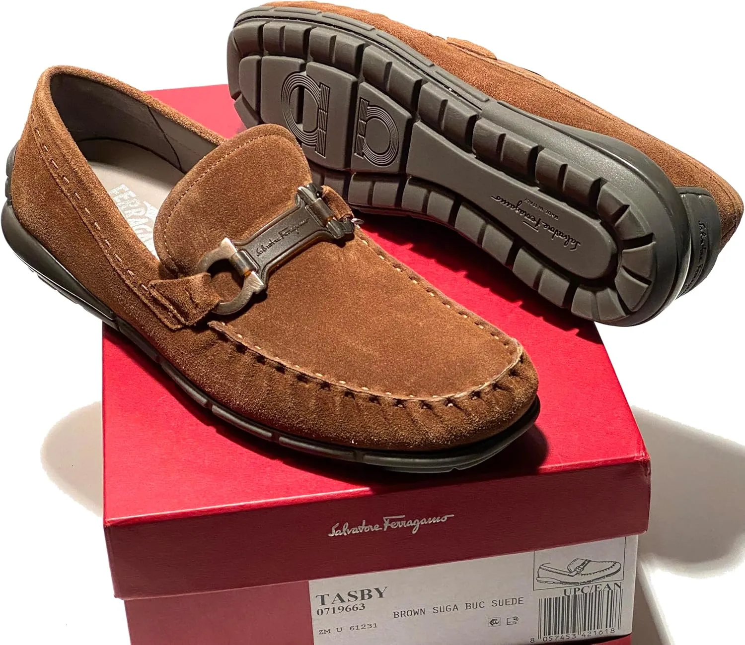 TASBY Medium Gancini Brown Suede Leather Dress Drivers Loafers Men's(Salvatore