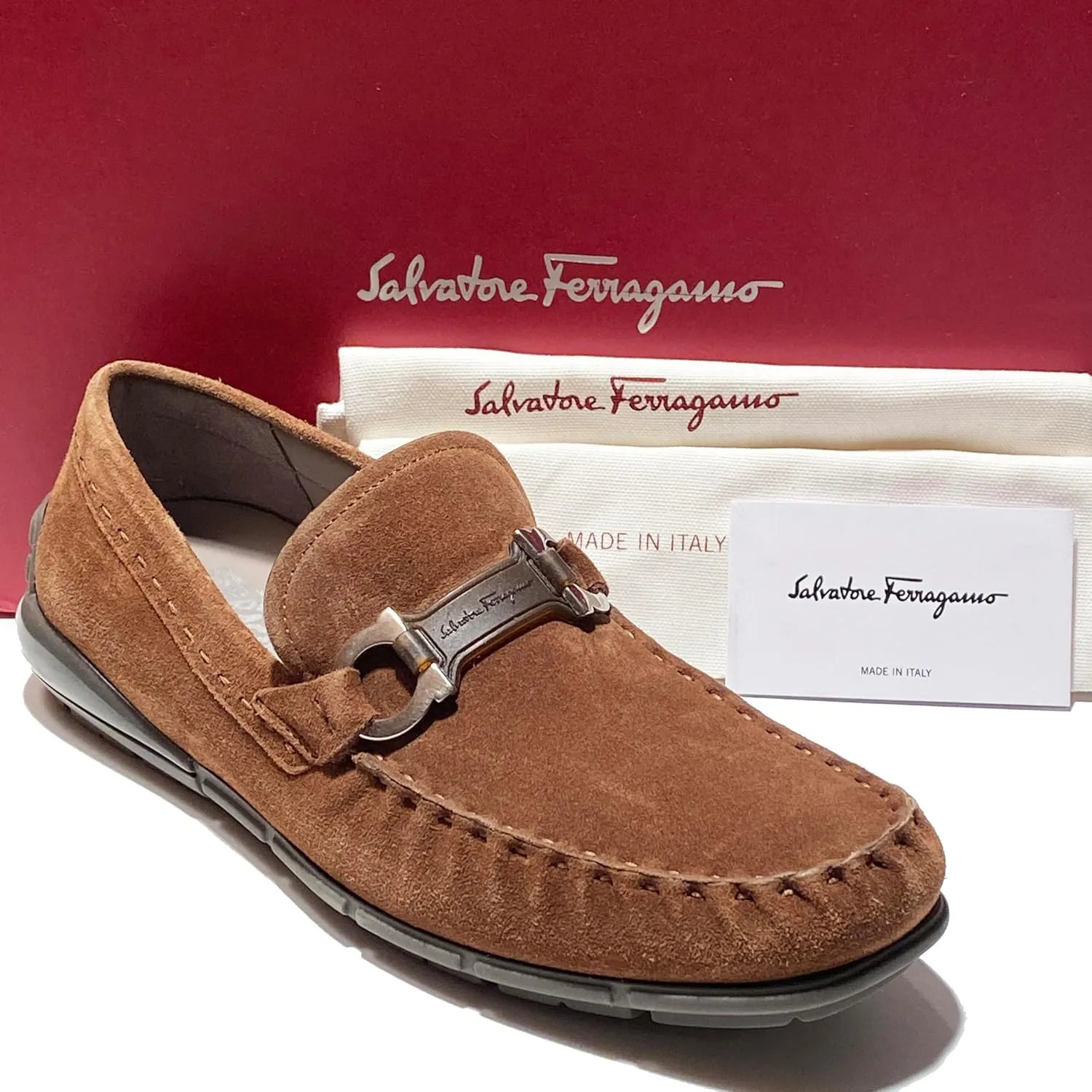 TASBY Medium Gancini Brown Suede Leather Dress Drivers Loafers Men's(Salvatore