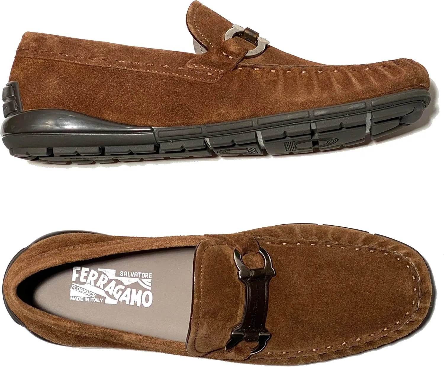 TASBY Medium Gancini Brown Suede Leather Dress Drivers Loafers Men's(Salvatore