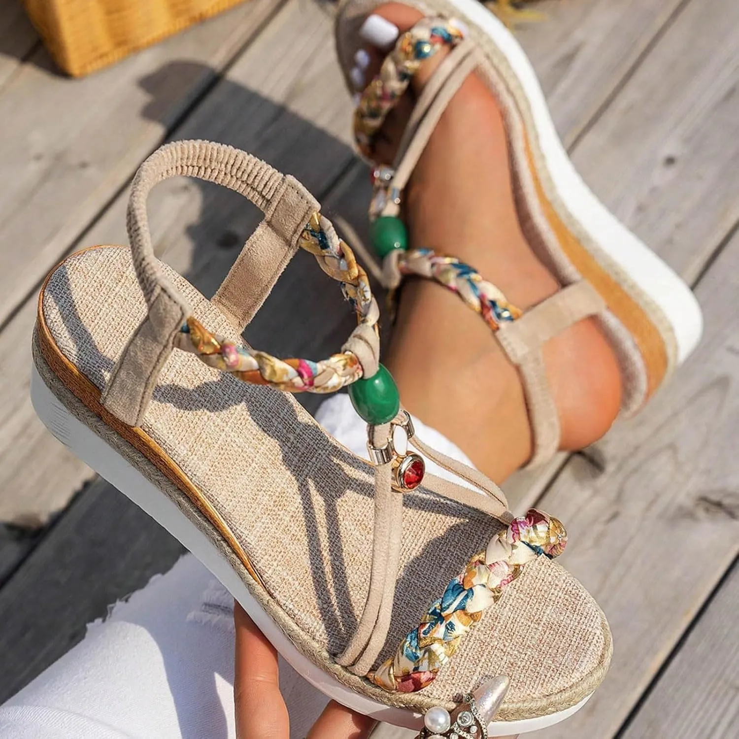 Thick Soled Wedge Heeled Women's Shoes Fashionable Casual Outerwear Rhinestone Decorated Bohemian Extra Wide Shoes Women