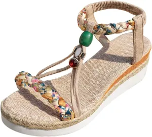 Thick Soled Wedge Heeled Women's Shoes Fashionable Casual Outerwear Rhinestone Decorated Bohemian Extra Wide Shoes Women