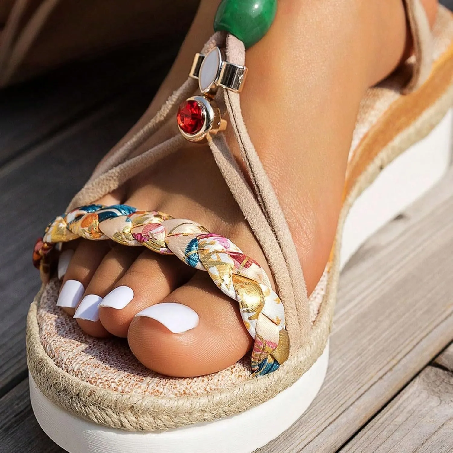 Thick Soled Wedge Heeled Women's Shoes Fashionable Casual Outerwear Rhinestone Decorated Bohemian Extra Wide Shoes Women