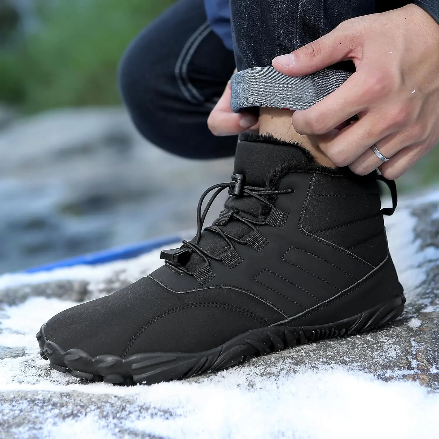 uSecee Men's Women's Winter Barefoot Hiking Boots Winter Warm Wide Toe Box Shoes Minimalist Waterproof Hiking Shoes Zero Drop Non Slip Sneakers Fur Lined Snow Boots Walking Outdoor Unisex