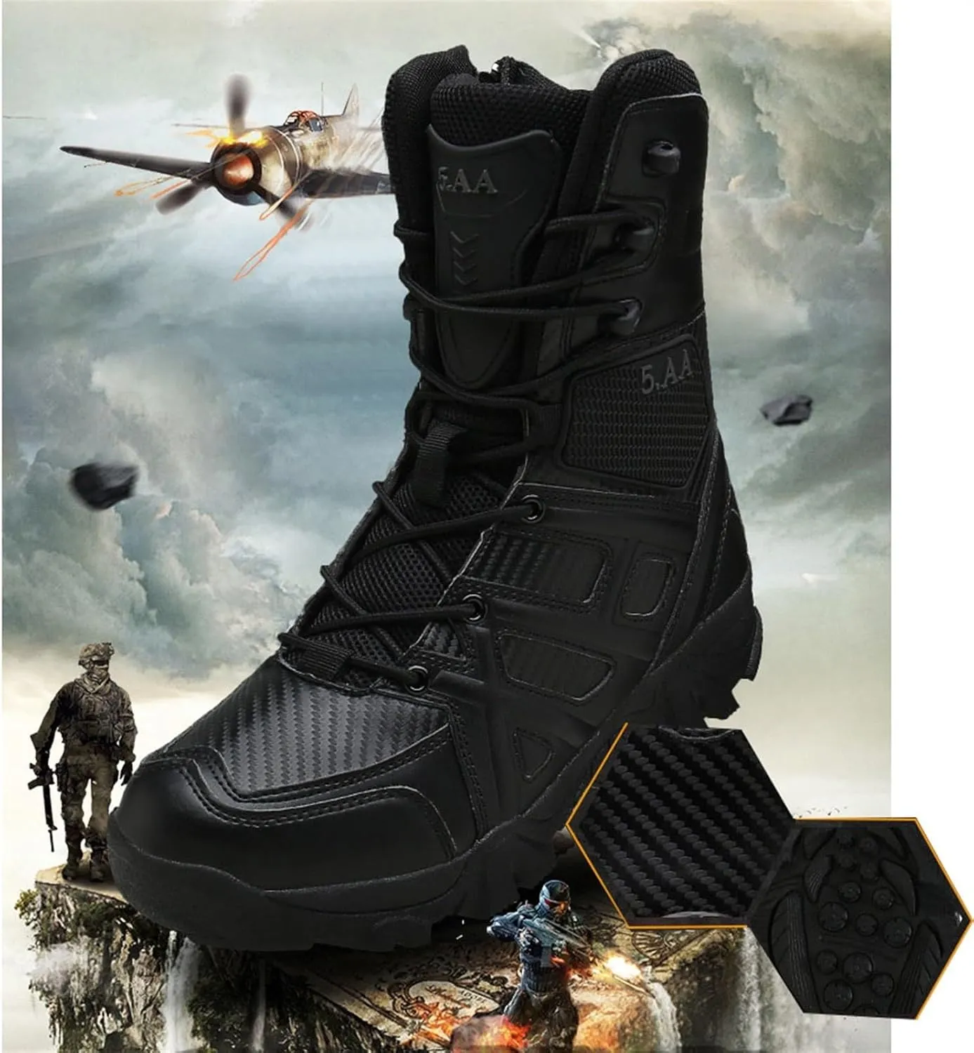 Waterproof Hiking Work Boots, Men High Top Breathable Military Tactical Work Boots with Side Zipper, Lace Up Durable Army Patrol Boots Lightweight, for Hiking Motorcycle Climbing