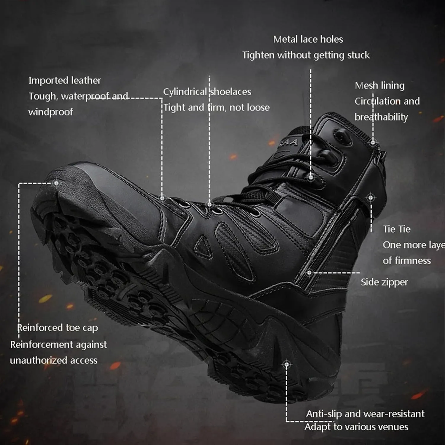 Waterproof Hiking Work Boots, Men High Top Breathable Military Tactical Work Boots with Side Zipper, Lace Up Durable Army Patrol Boots Lightweight, for Hiking Motorcycle Climbing