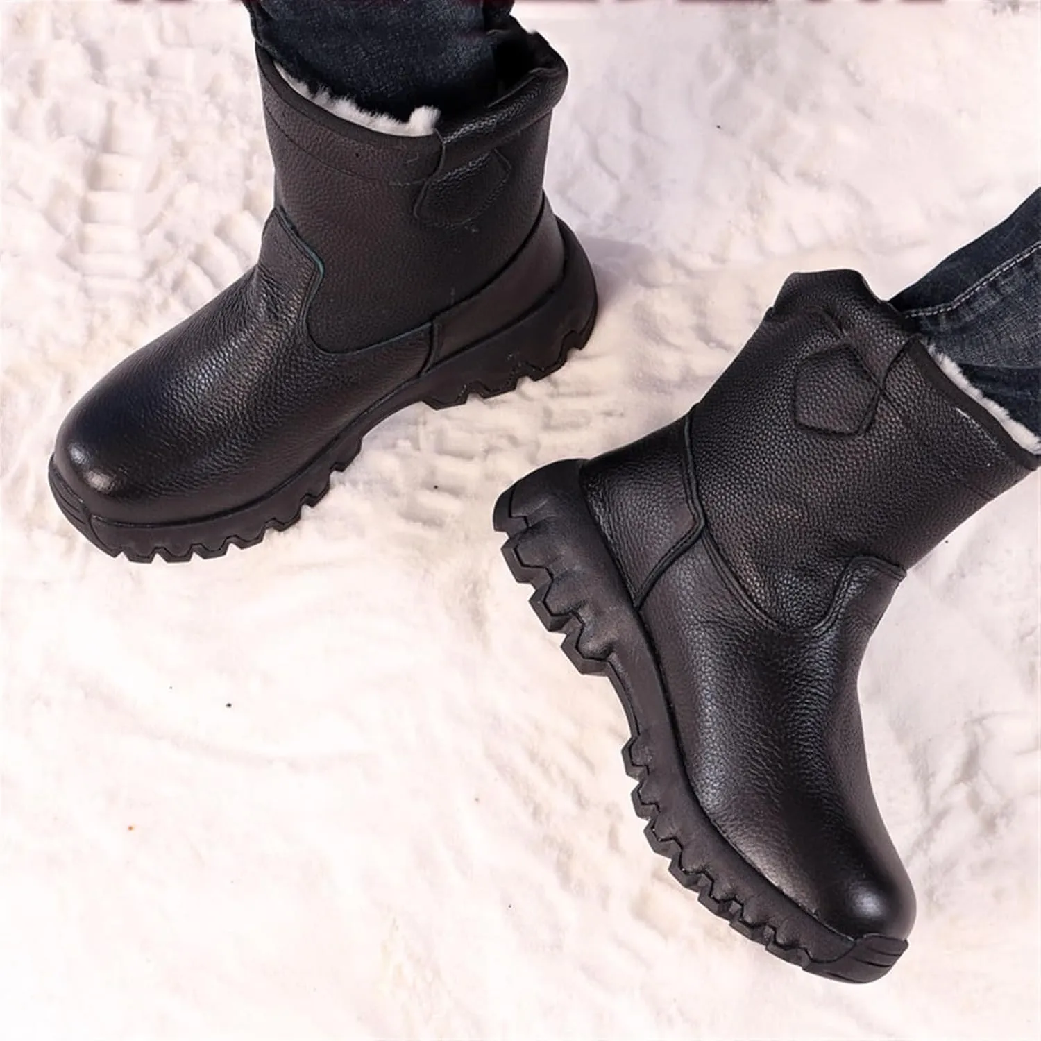 Waterproof Snow Boots for Men, Mens Winter Outdoor Fluffing Warm Fur Lined Zipper Mid Calf Snow Boots, Non Slip Hiking Rubber Lightweight Outdoor Shoes, for Cold Weather Athletic