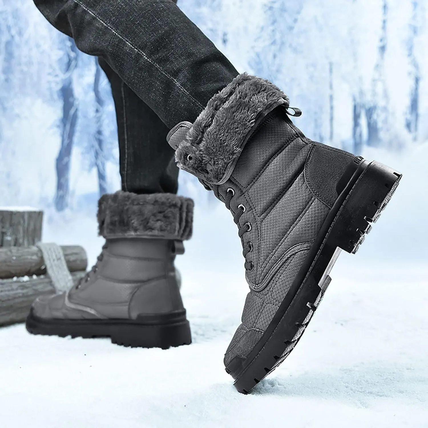 Waterproof Warm Snow Boots, Winter Snow Boots Fur Lining Anti Slip Outdoor Men's Warm Walking Boots, for Work Trekking Lightweight Comfort Hiking Shoes