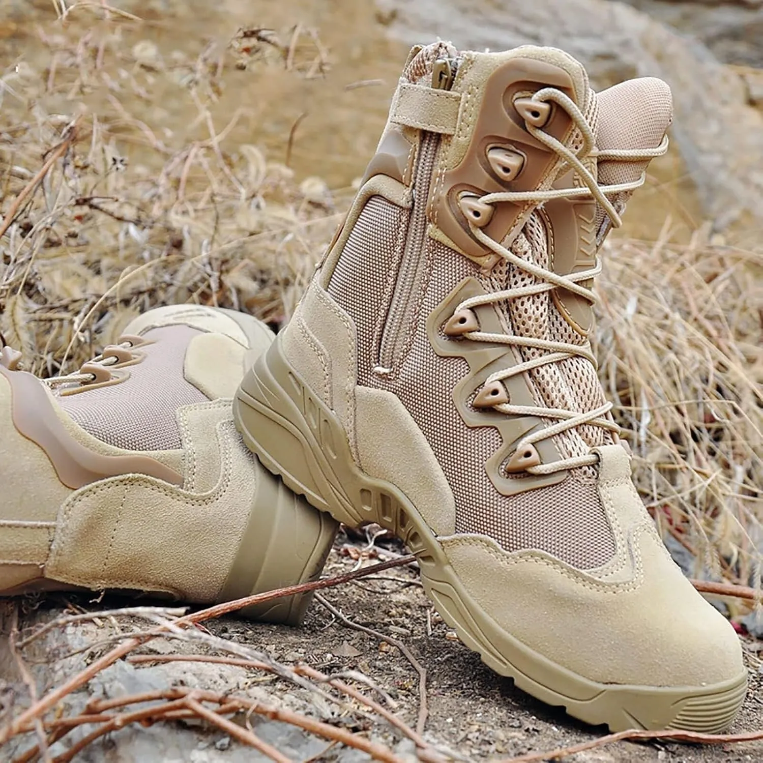 Wcxixo Men's Ultralight Tactical Military Boots, Spring Autumn Outdoor Breathable with Zipper Hiking Shoes, for Lace-up Comfortable Durable Desert Combat Shoes