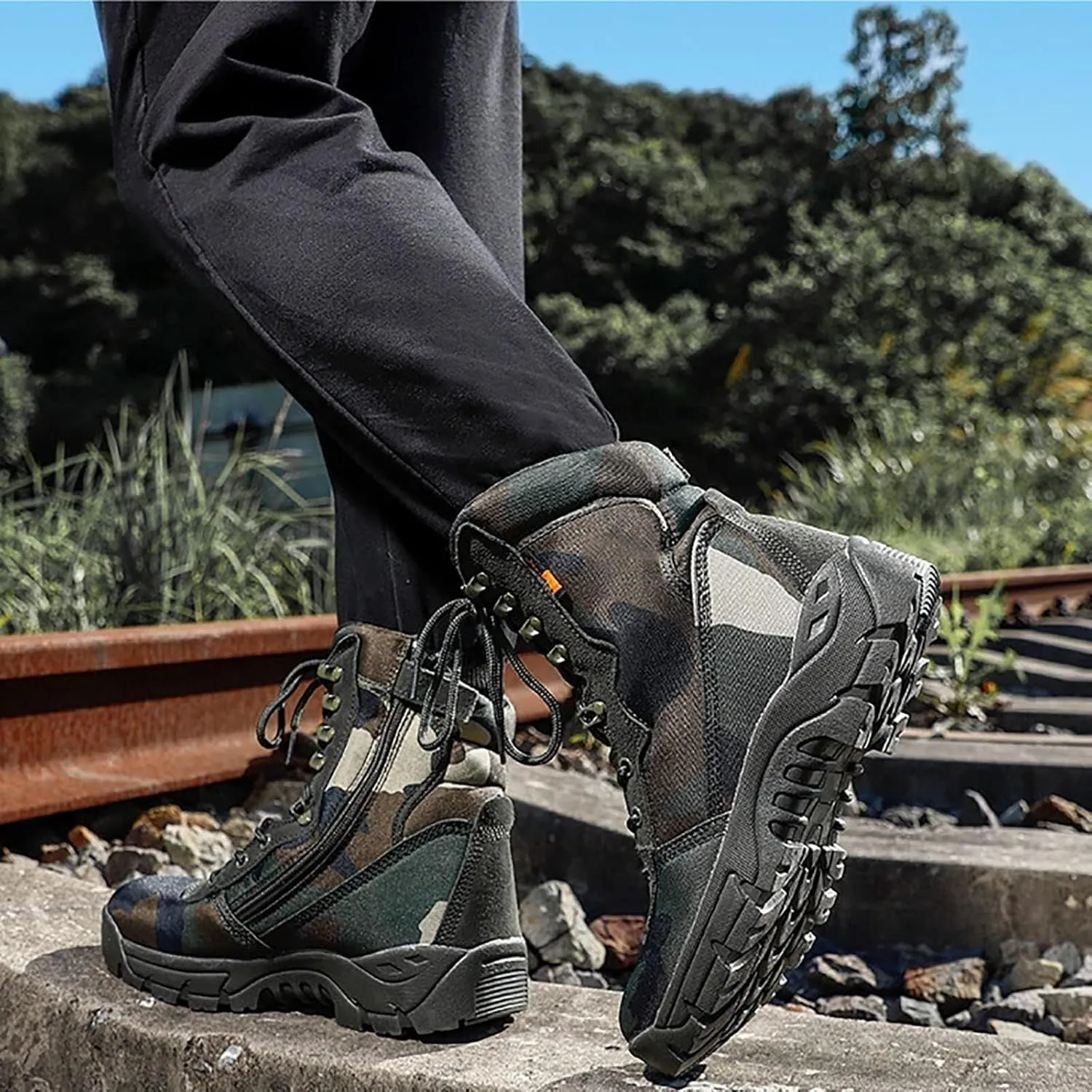 Wcxixo Woodland Camouflage Training Boots for Men, Soft and Comfort High-top Non-Slip Breathable Tactical Boots, for Outdoor Durable Rubber Sole Hiking Shoes