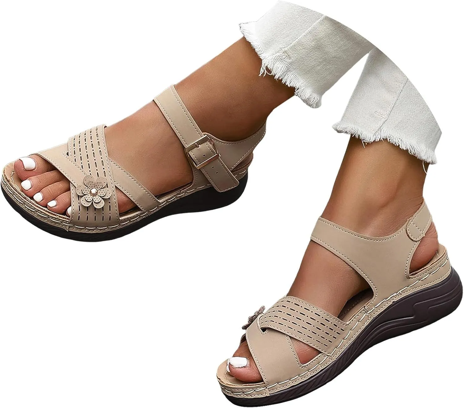 Wedge Sandals for Women Closed Toe Comfortable with Massage Function Outdoor Platform Arch Support Shoes Plantar Fasciitis Orthopedic Dressy Summer Buckle Ankle Strap Espadrilles
