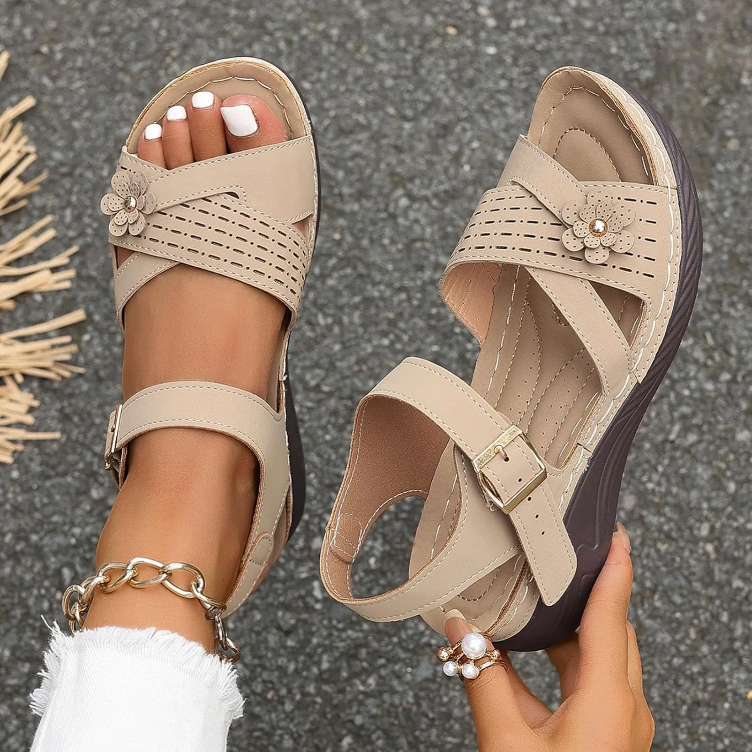 Wedge Sandals for Women Closed Toe Comfortable with Massage Function Outdoor Platform Arch Support Shoes Plantar Fasciitis Orthopedic Dressy Summer Buckle Ankle Strap Espadrilles