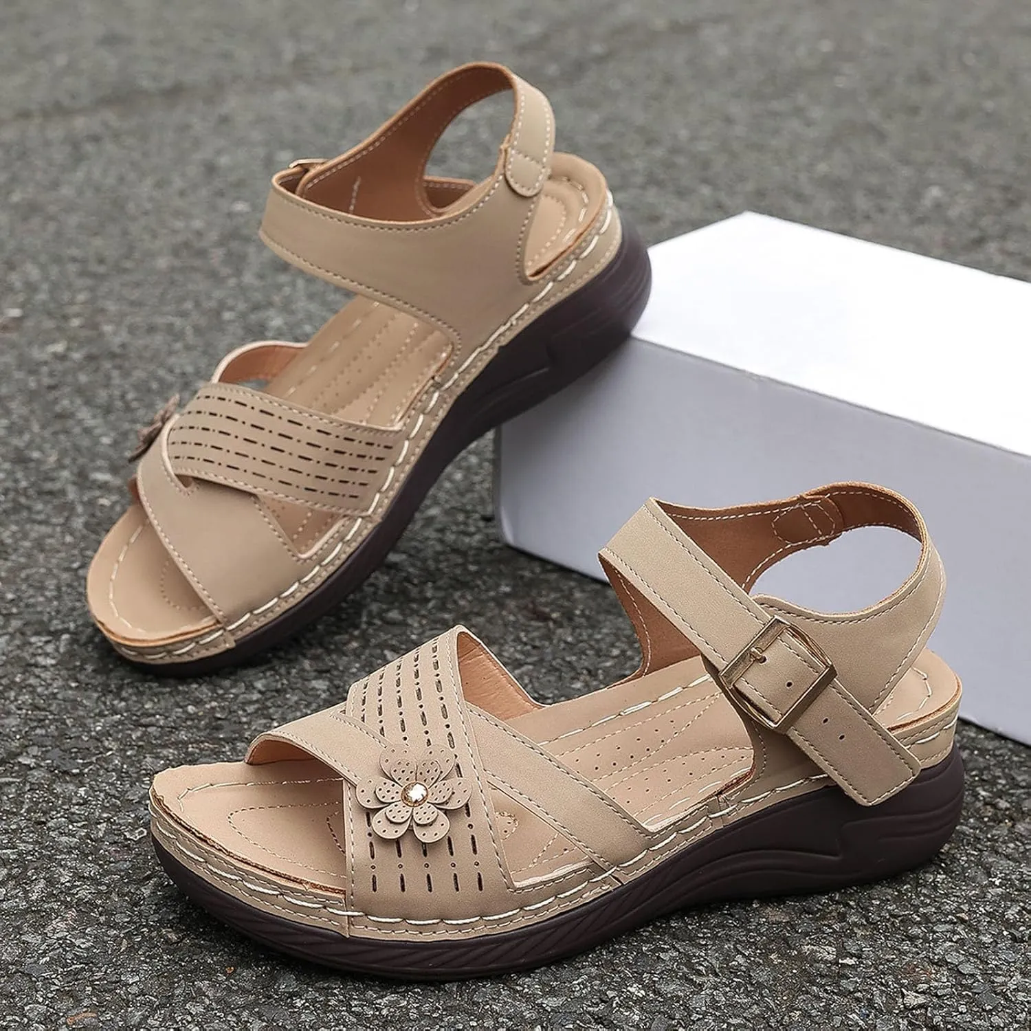 Wedge Sandals for Women Closed Toe Comfortable with Massage Function Outdoor Platform Arch Support Shoes Plantar Fasciitis Orthopedic Dressy Summer Buckle Ankle Strap Espadrilles