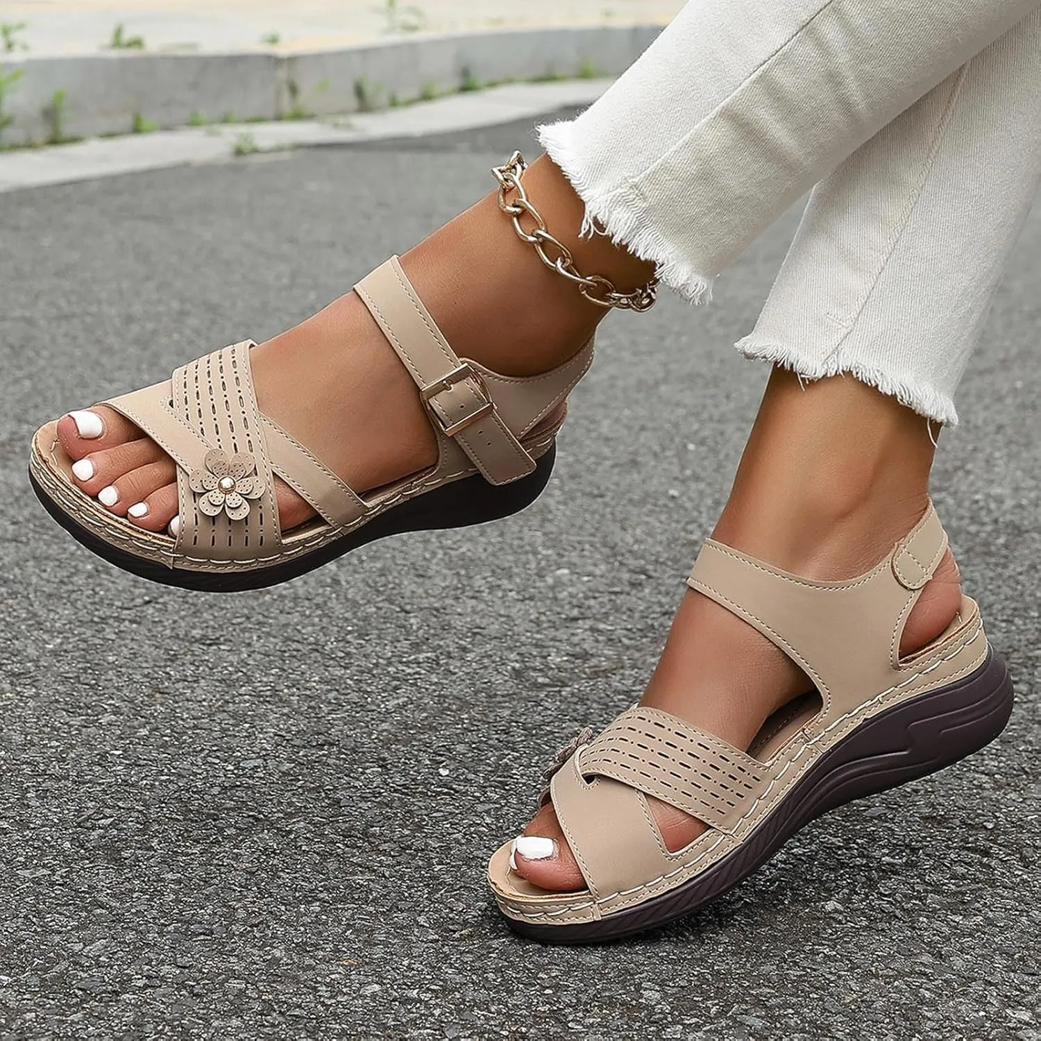 Wedge Sandals for Women Closed Toe Comfortable with Massage Function Outdoor Platform Arch Support Shoes Plantar Fasciitis Orthopedic Dressy Summer Buckle Ankle Strap Espadrilles