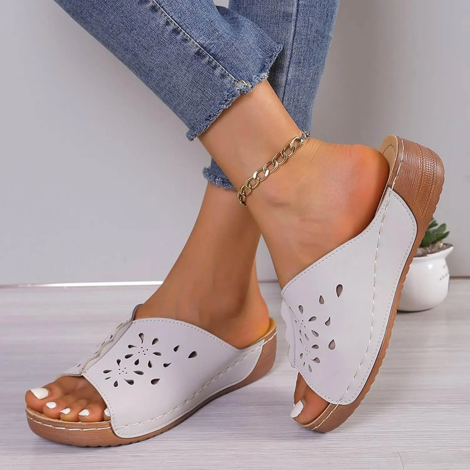 Wedge Sandals for Women Comfortable Hollow Out Open Toe Wedge Slippers Orthopedic Sandals Summer Arch Support Shoes
