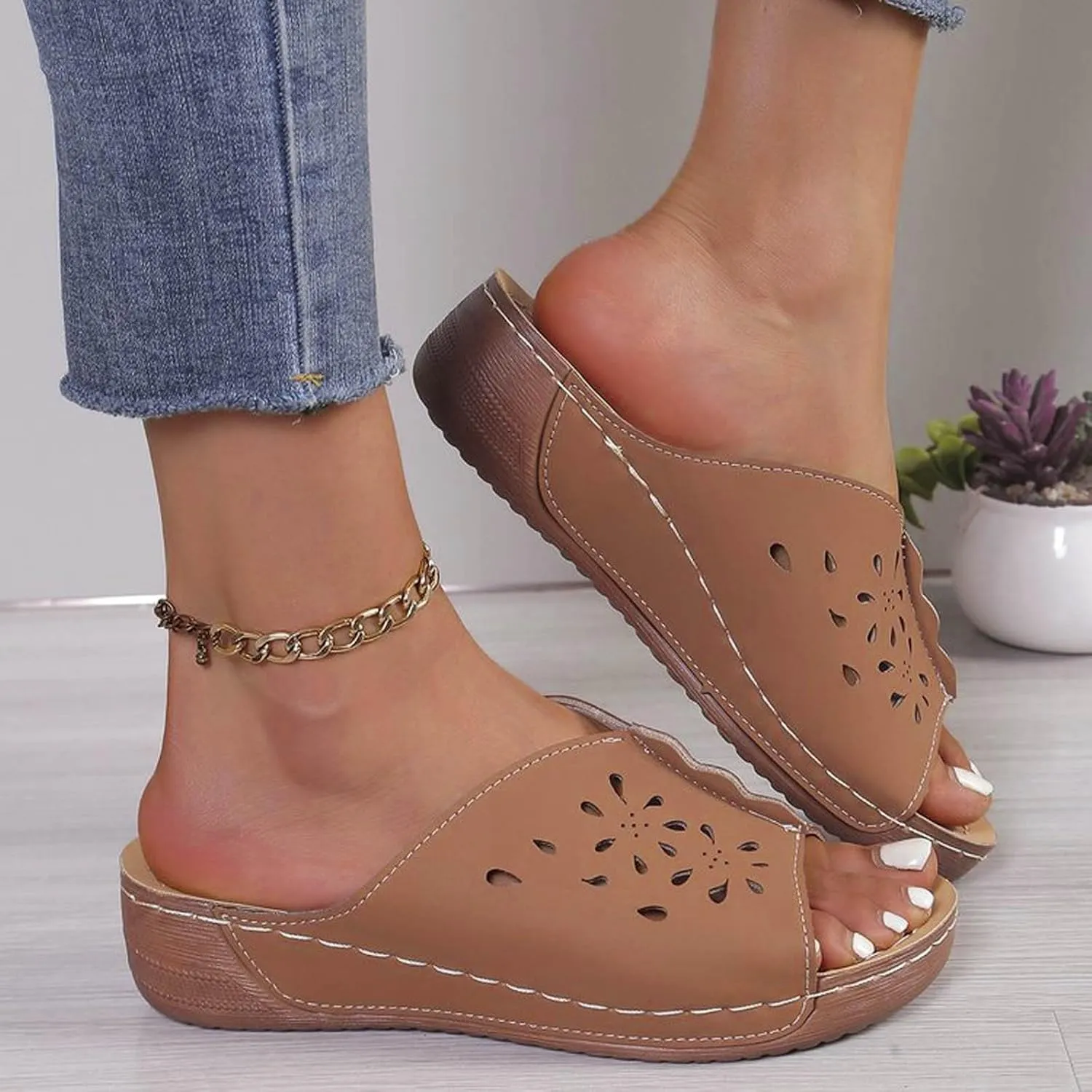 Wedge Sandals for Women Orthopedic Slip On Slide Slippers Open Toe Soft Cushion Beach Walking Shoes with Arch Support