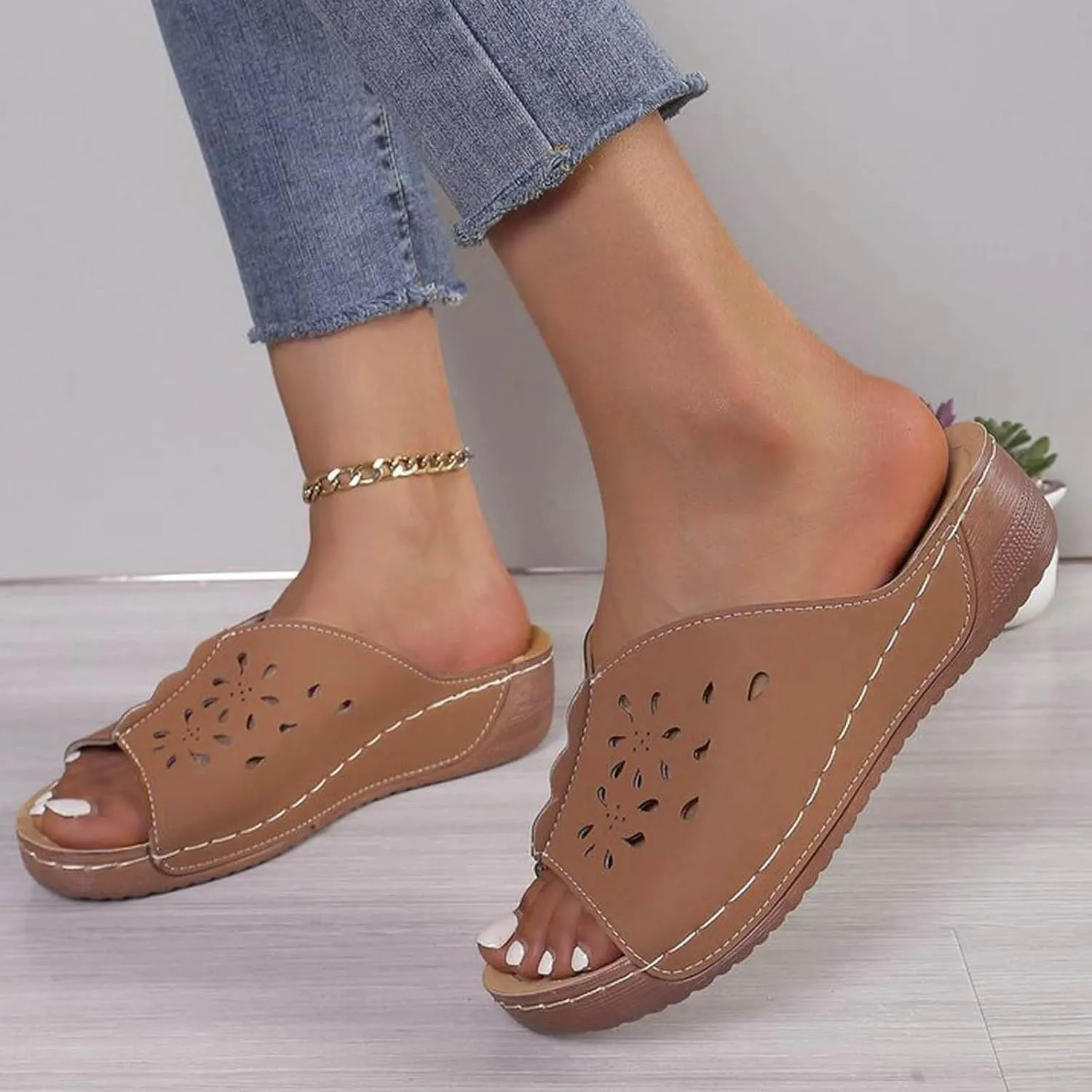 Wedge Sandals for Women Orthopedic Slip On Slide Slippers Open Toe Soft Cushion Beach Walking Shoes with Arch Support