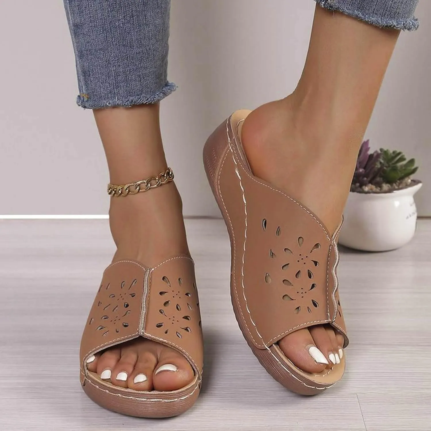 Wedge Sandals for Women Orthopedic Slip On Slide Slippers Open Toe Soft Cushion Beach Walking Shoes with Arch Support