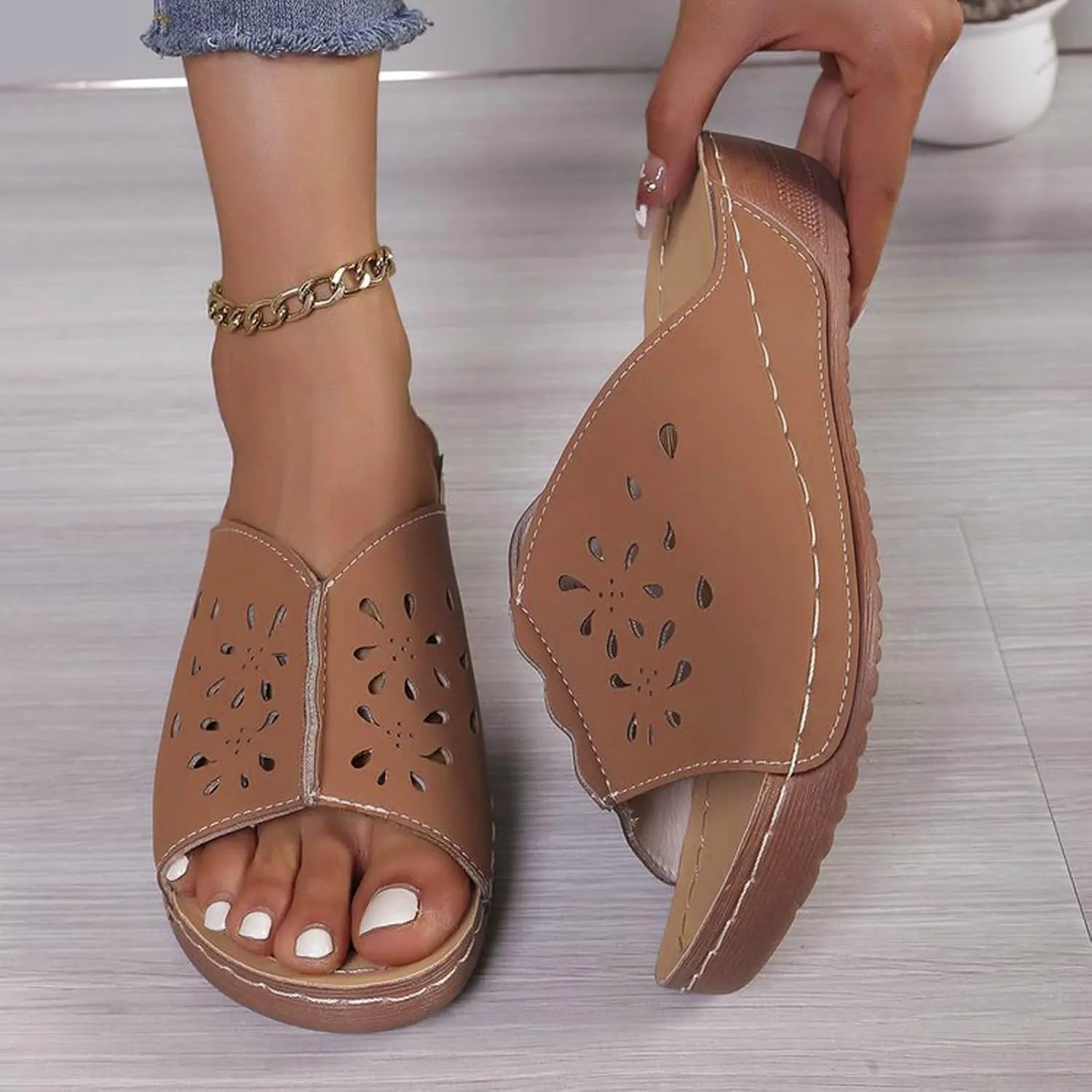 Wedge Sandals for Women Orthopedic Slip On Slide Slippers Open Toe Soft Cushion Beach Walking Shoes with Arch Support