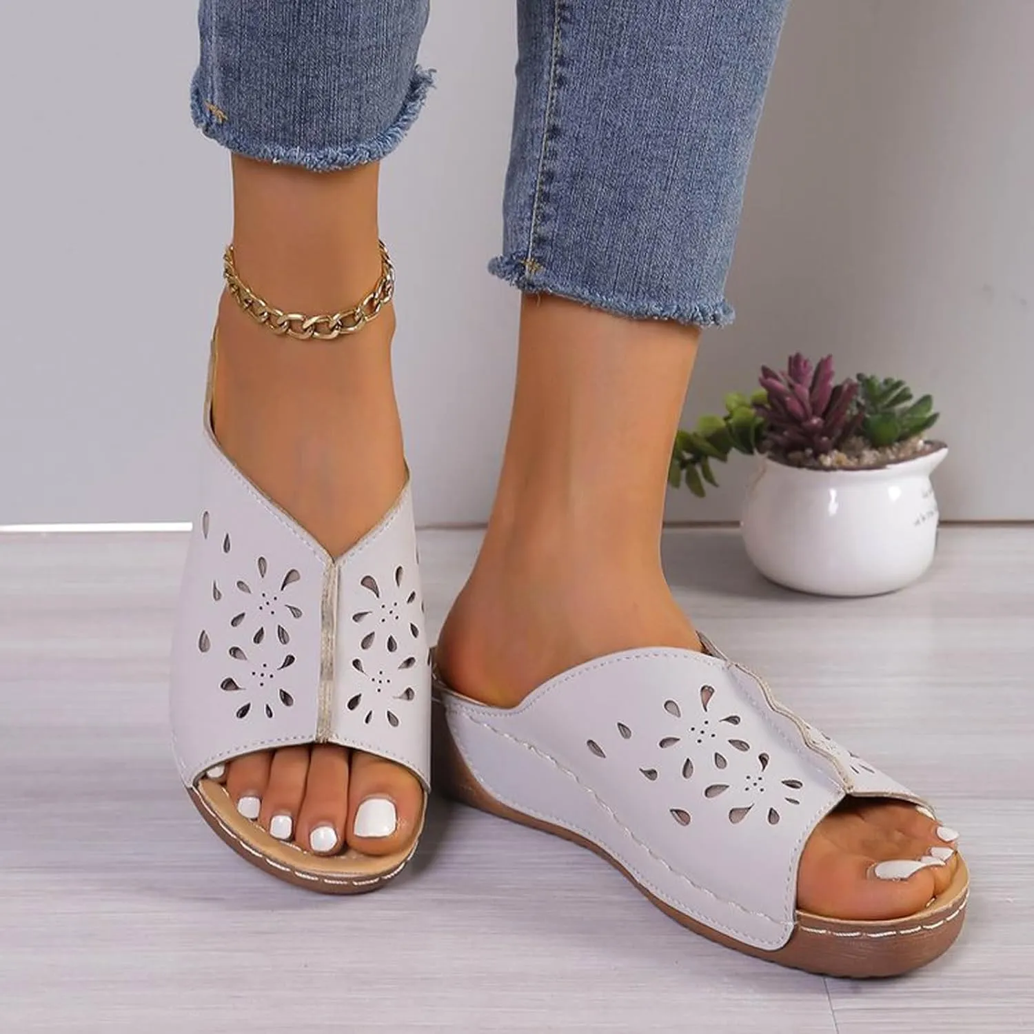 Wedge Sandals for Women Orthopedic Slip On Slide Slippers Open Toe Soft Cushion Beach Walking Shoes with Arch Support