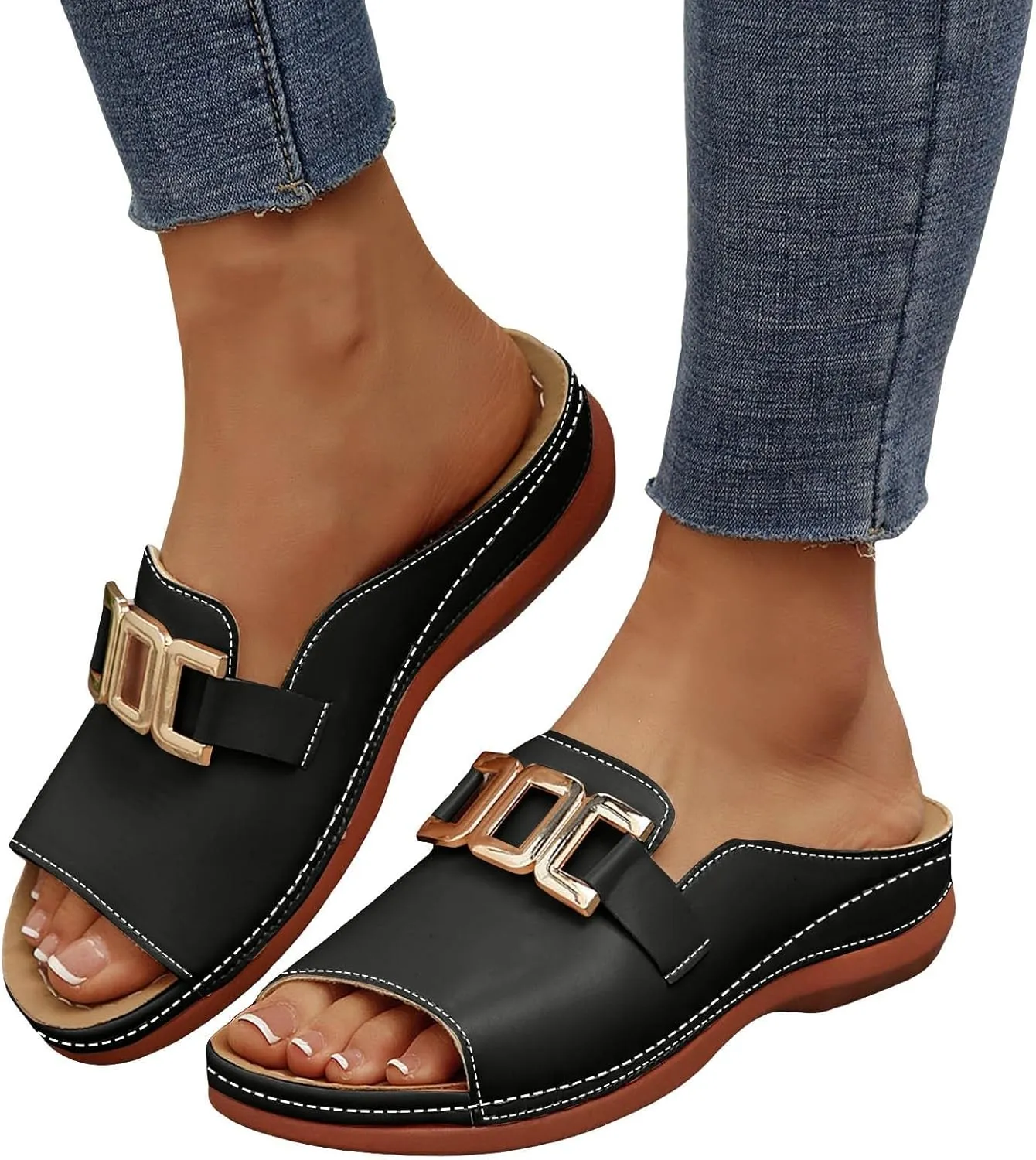 Wedge Sandals for Women Orthotic Comfort Sandals Bohemian Buckle Arch Support Slides Casual Open Toe Slippers