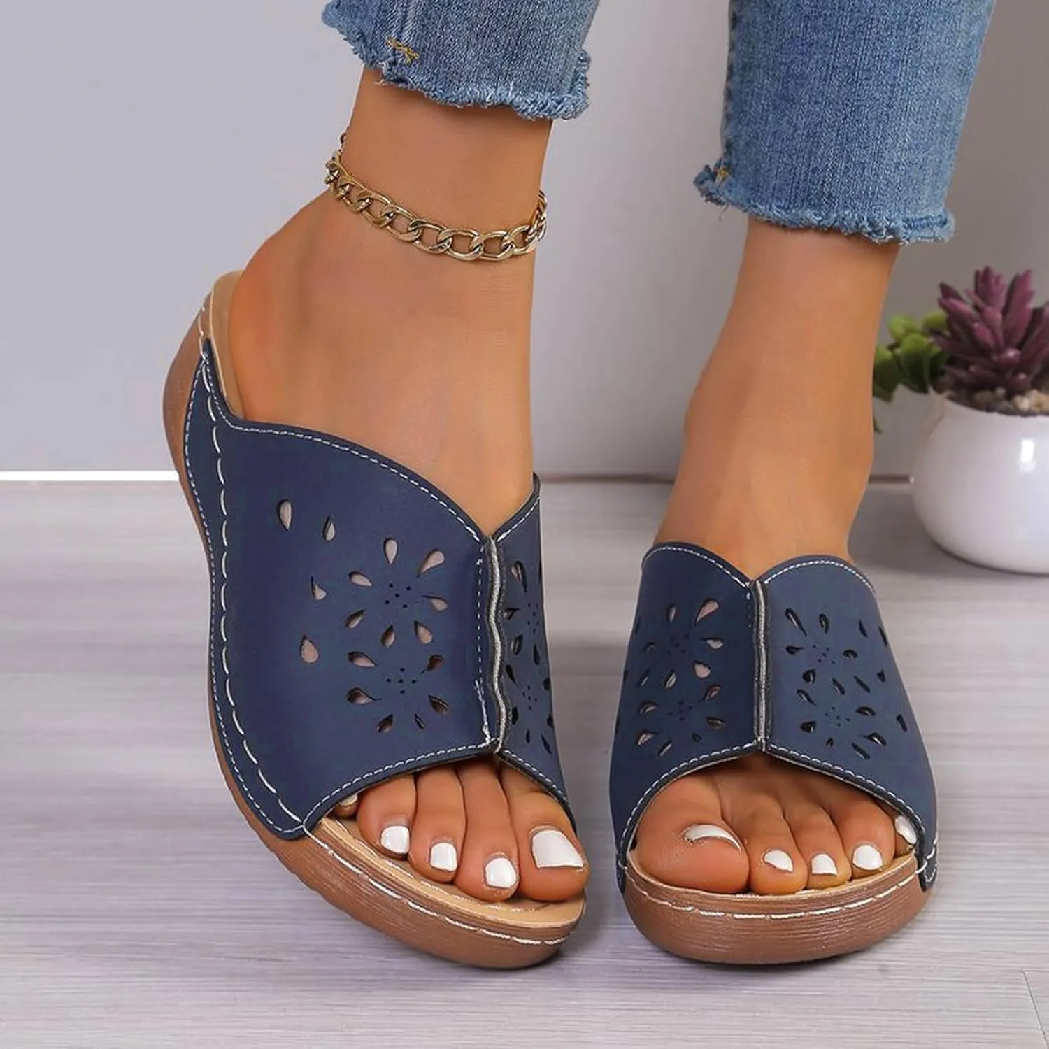 Wedge Sandals for Women Summer: Dressy Low Heel Comfortable Walking, Casual Slip on Summer Shoes Platform Orthopedic Support Lightweight Slippers Damping Sole Arch Support