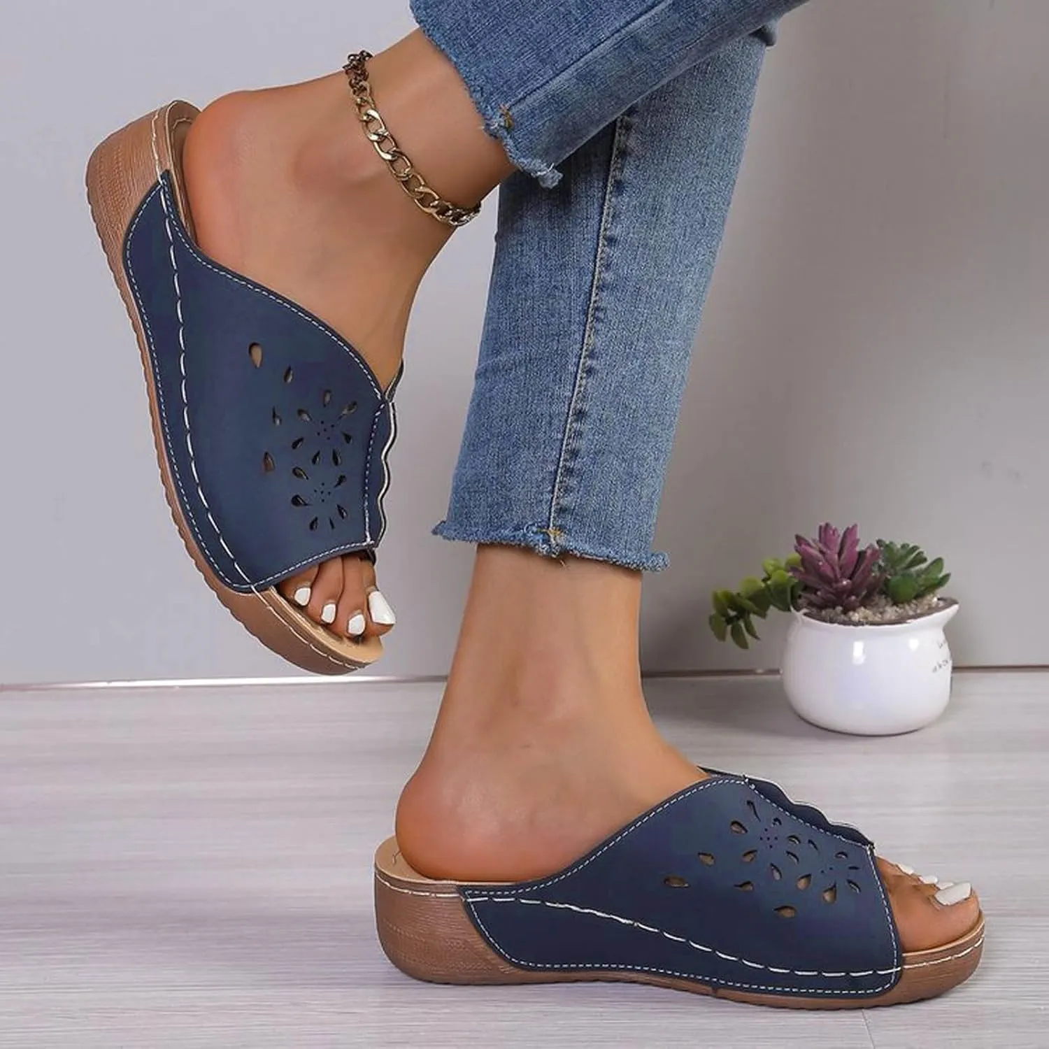 Wedge Sandals for Women Summer: Dressy Low Heel Comfortable Walking, Casual Slip on Summer Shoes Platform Orthopedic Support Lightweight Slippers Damping Sole Arch Support