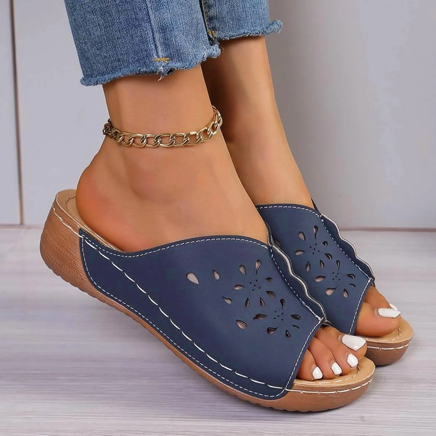 Wedge Sandals for Women Summer: Dressy Low Heel Comfortable Walking, Casual Slip on Summer Shoes Platform Orthopedic Support Lightweight Slippers Damping Sole Arch Support