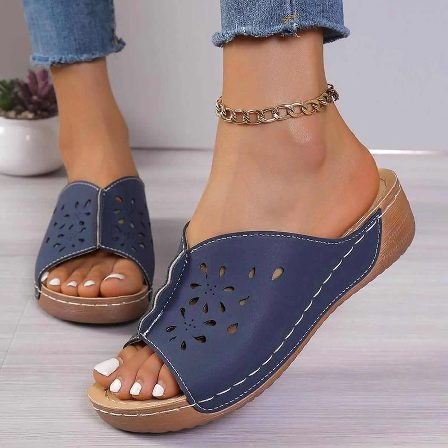 Wedge Sandals for Women Summer: Dressy Low Heel Comfortable Walking, Casual Slip on Summer Shoes Platform Orthopedic Support Lightweight Slippers Damping Sole Arch Support