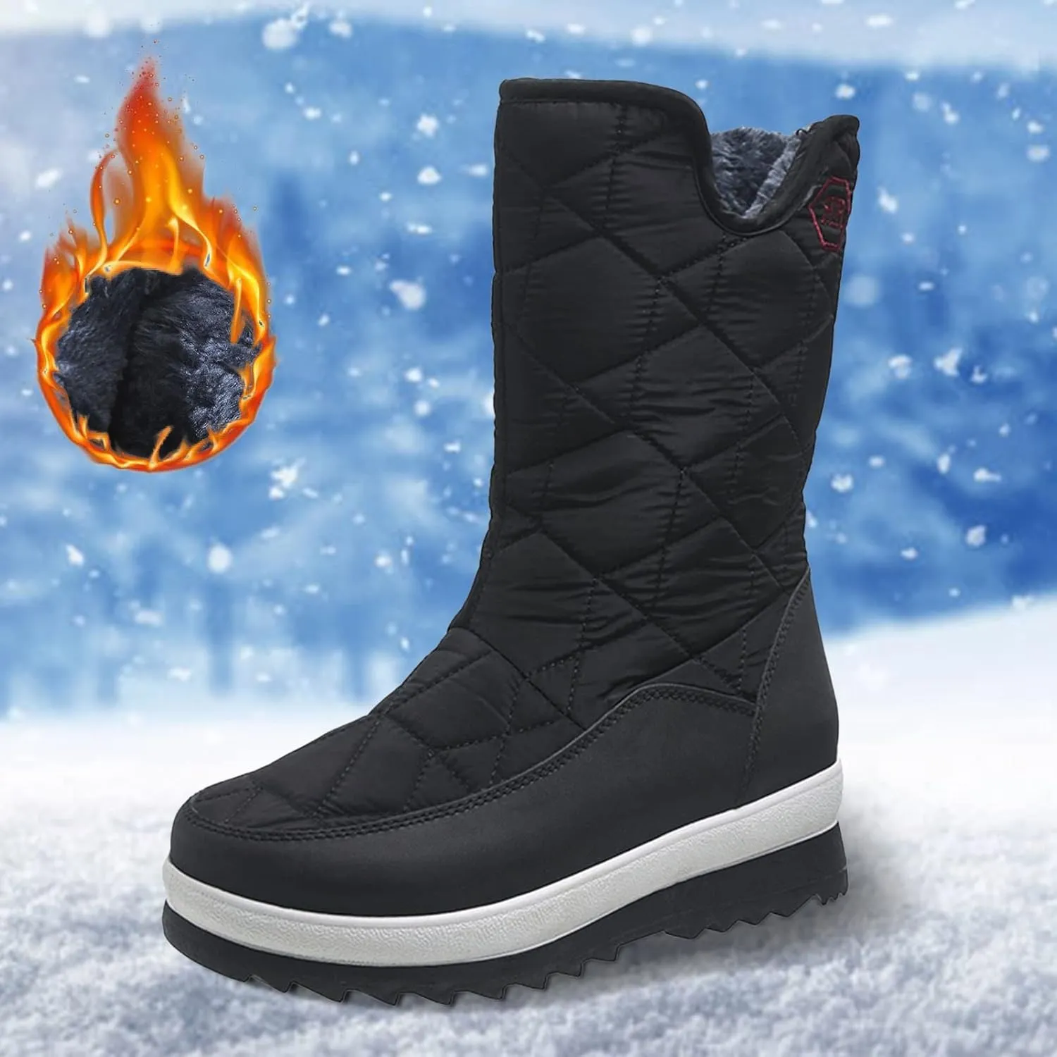 Winter Boots for Women Warm Fur Lined Waterproof Outdoor Mid Calf Snow Boots Platform Anti Slip with Side Zip