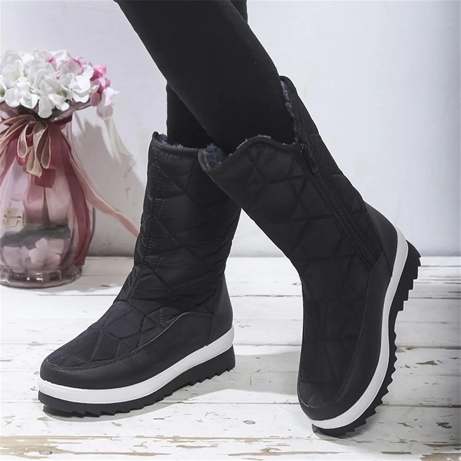 Winter Boots for Women Warm Fur Lined Waterproof Outdoor Mid Calf Snow Boots Platform Anti Slip with Side Zip
