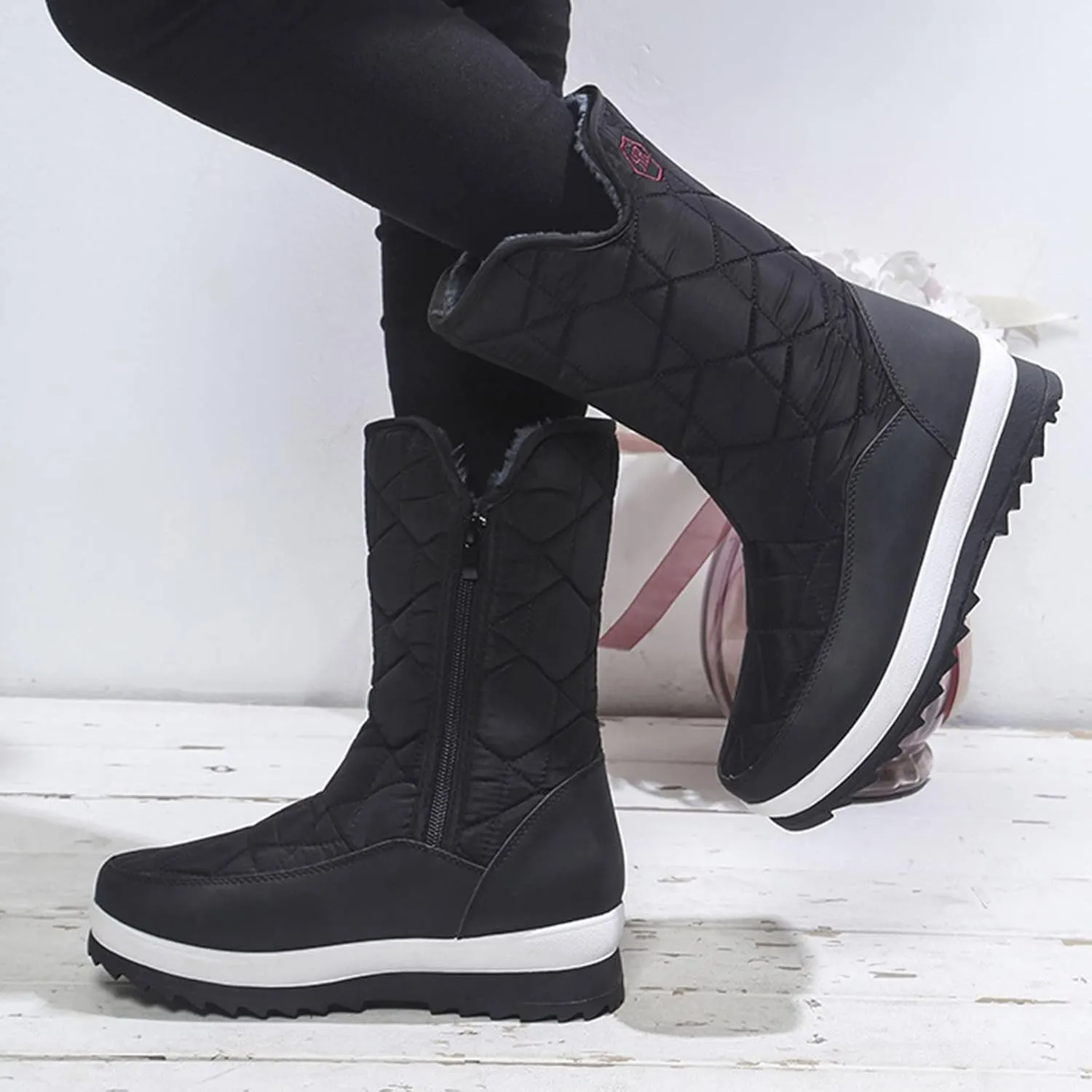Winter Boots for Women Warm Fur Lined Waterproof Outdoor Mid Calf Snow Boots Platform Anti Slip with Side Zip