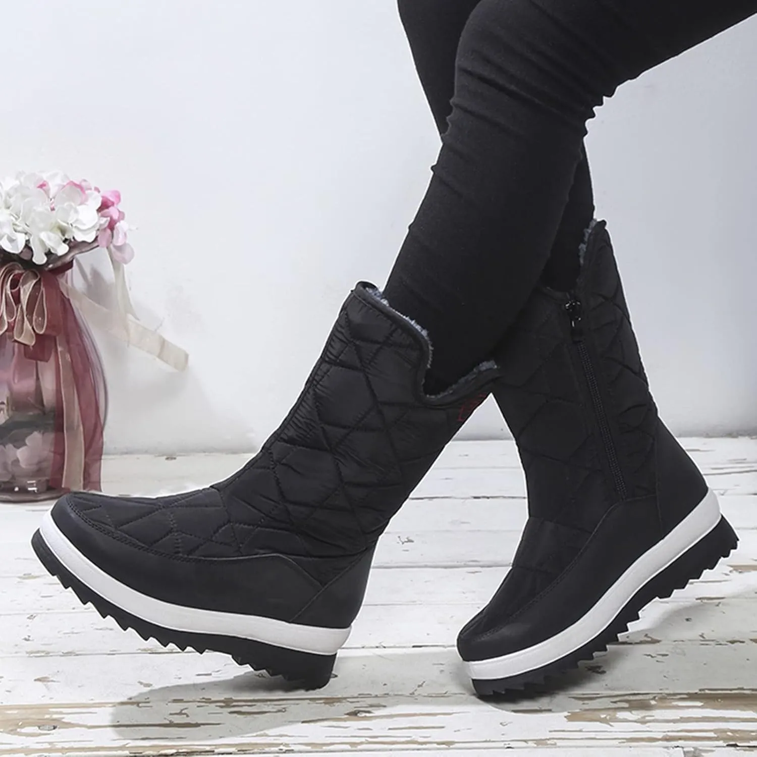 Winter Boots for Women Warm Fur Lined Waterproof Outdoor Mid Calf Snow Boots Platform Anti Slip with Side Zip