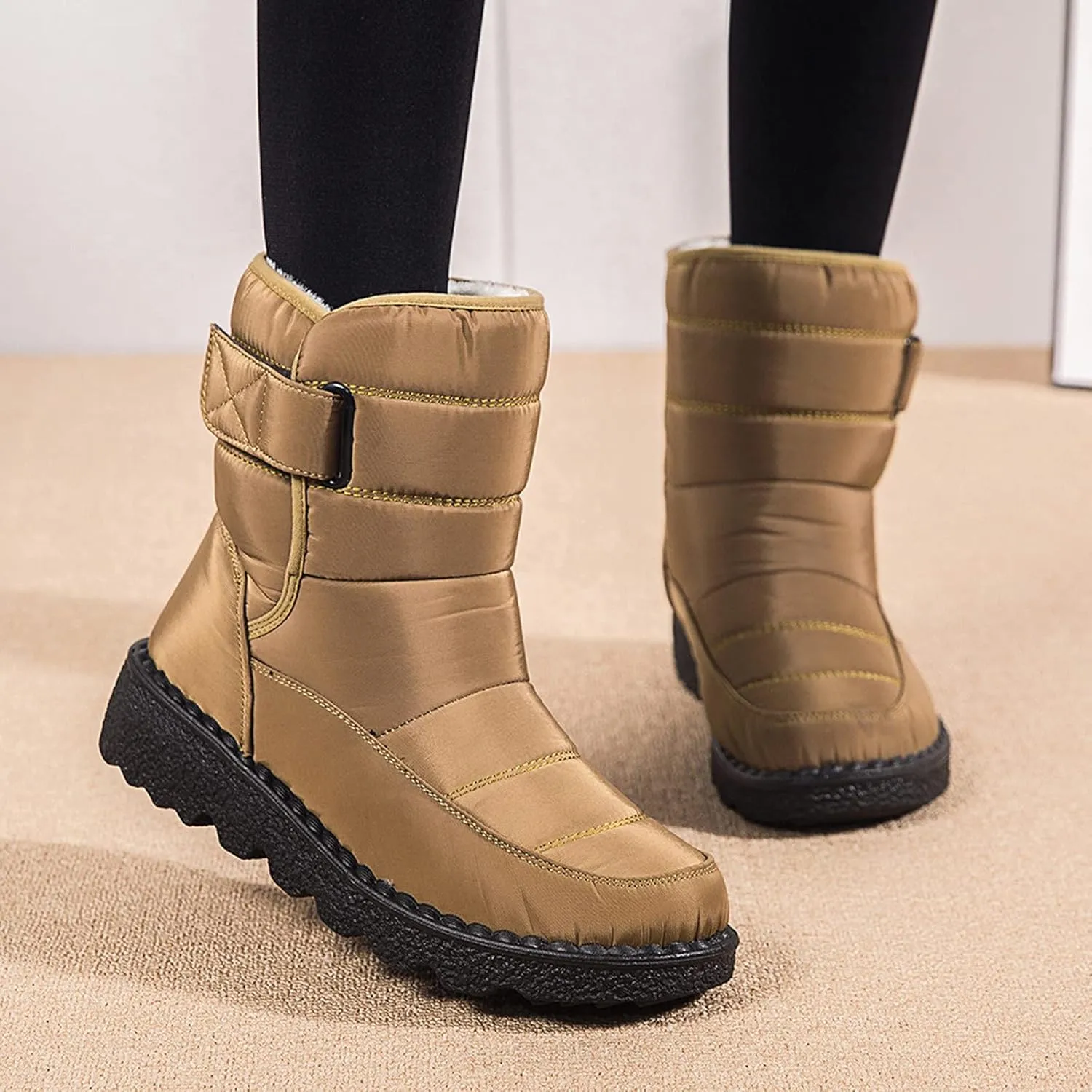 Winter Boots for Women Waterproof Warm Fur Lining Mid Calf Boots Hook Loop Comfortable Outdoor Shoes