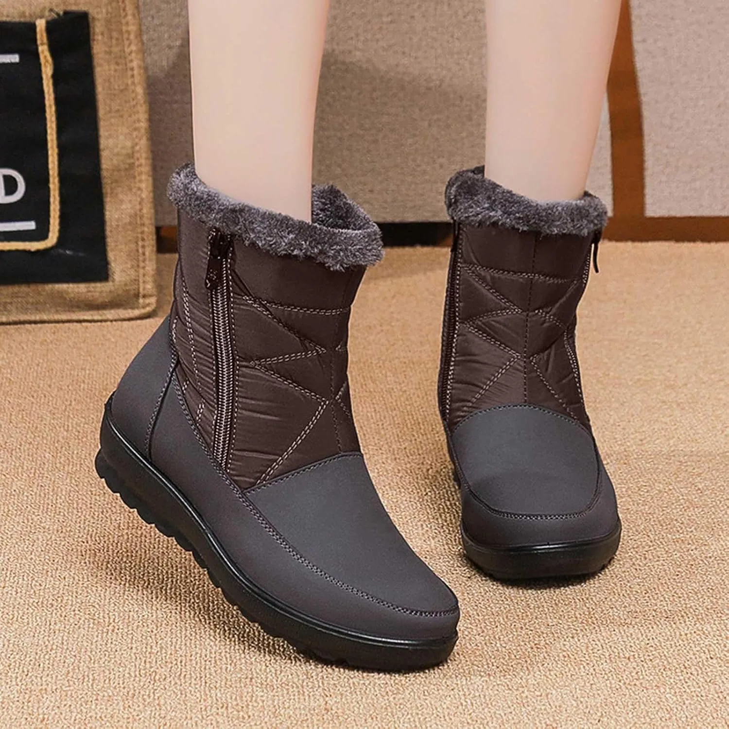 Winter Boots for Women Waterproof Warm Fur Lining Mid Calf Boots with Zipper Comfortable Outdoor Shoes