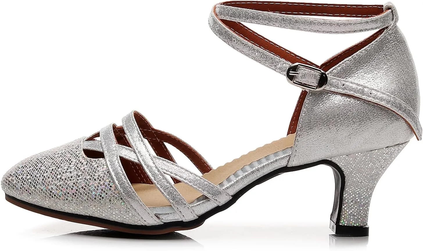 Women Ballroom Dance Shoes Glitter Closed Toe Latin Salsa Tango Modern Performance Dancing Shoes,Model FT-088A-5.5cm Heel