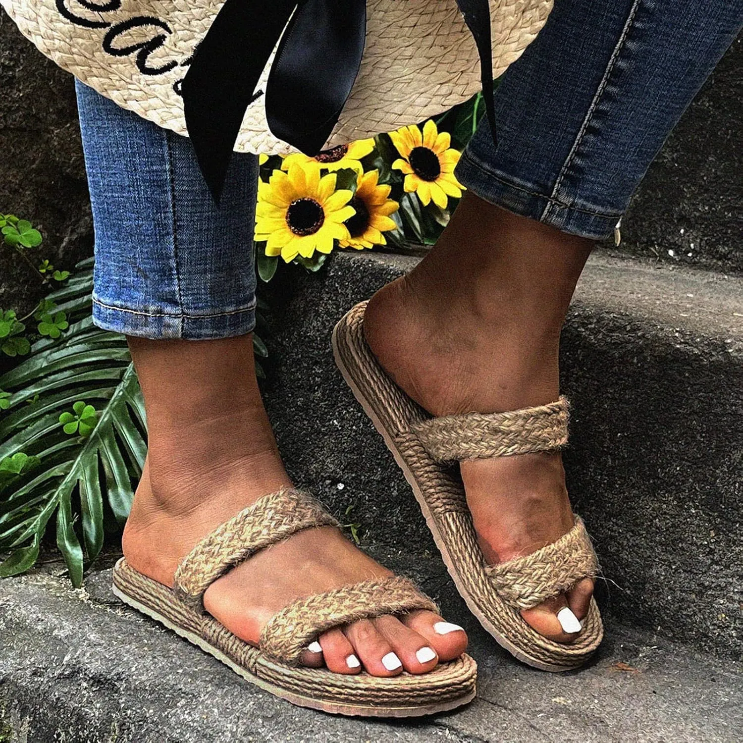 Women Girls Linen Slippers Flat Shoes Straw Bottom Slippers Sandals Beach Casual Women's Comfort Shoes