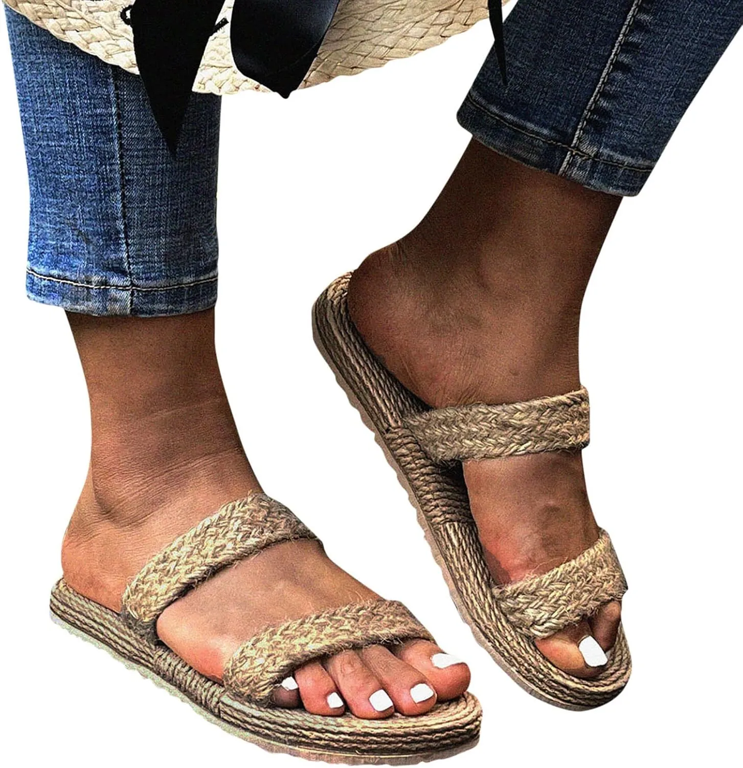 Women Girls Linen Slippers Flat Shoes Straw Bottom Slippers Sandals Beach Casual Women's Comfort Shoes