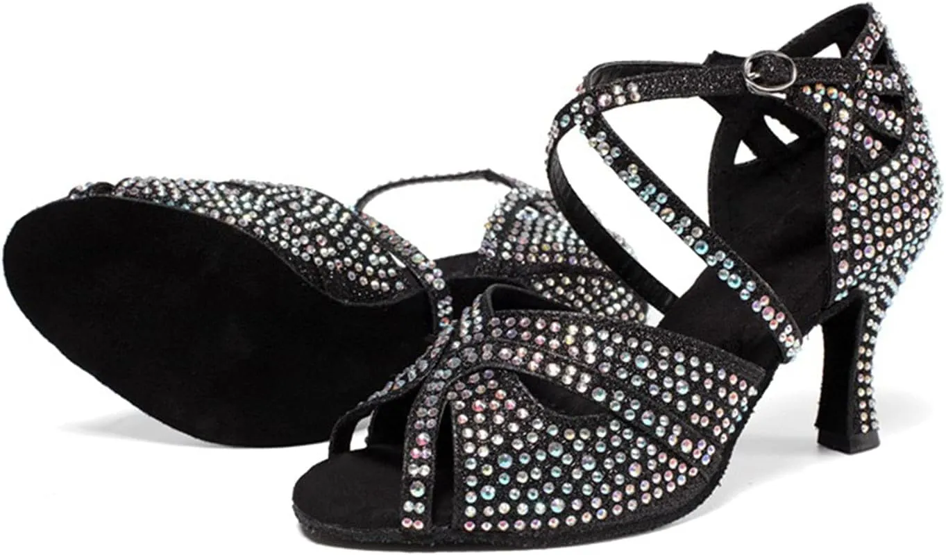 Women Latin Ballroom Dance Shoes, Glitter Rhinestones Women's Ballroom Dance Shoes, Salsa Dancing Heels (Color : Black 7.5cm, Size : 8)