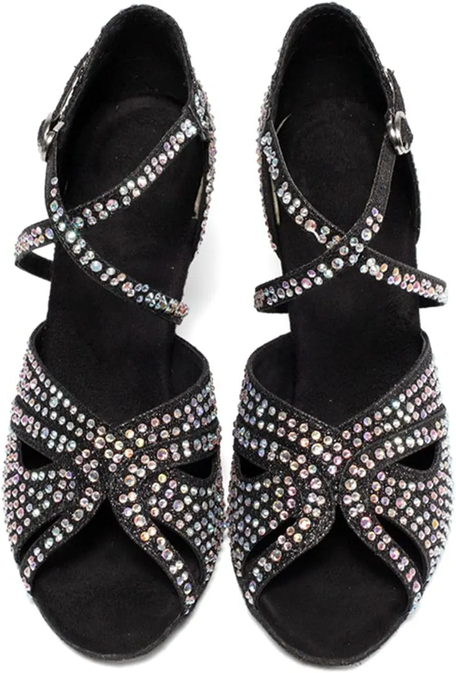 Women Latin Ballroom Dance Shoes, Glitter Rhinestones Women's Ballroom Dance Shoes, Salsa Dancing Heels (Color : Black 7.5cm, Size : 8)