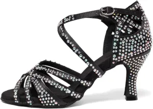 Women Latin Ballroom Dance Shoes, Glitter Rhinestones Women's Ballroom Dance Shoes, Salsa Dancing Heels (Color : Black 7.5cm, Size : 8)