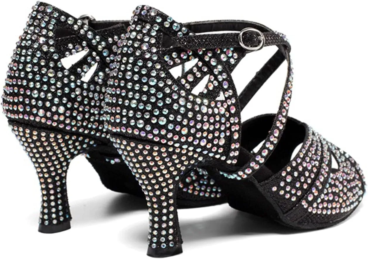 Women Latin Ballroom Dance Shoes, Glitter Rhinestones Women's Ballroom Dance Shoes, Salsa Dancing Heels (Color : Black 7.5cm, Size : 8)