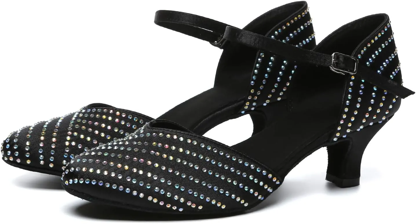 Women Latin Dance Shoes Close Toe Rhinestone Performance Salsa Tango Ballroom Dance Shoes,Model YCL633-6cm Heel
