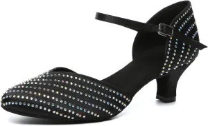 Women Latin Dance Shoes Close Toe Rhinestone Performance Salsa Tango Ballroom Dance Shoes,Model YCL633-6cm Heel