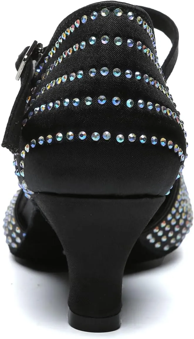 Women Latin Dance Shoes Close Toe Rhinestone Performance Salsa Tango Ballroom Dance Shoes,Model YCL633-6cm Heel