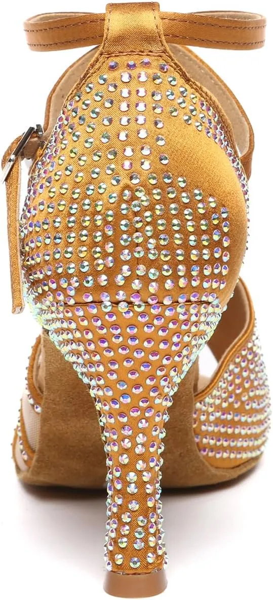 Women Latin Dance Shoes Rhinestone Professional Salsa Bachata Performance Ballroom Dancing Shoes,Model YCL598-7.5cm Heel
