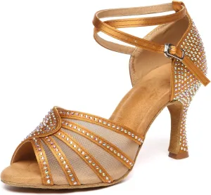 Women Latin Dance Shoes Rhinestone Professional Salsa Bachata Performance Ballroom Dancing Shoes,Model YCL598-7.5cm Heel