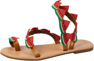 Women Summer Watermelon Decoration Flock Slip On Casual Open Toe Flat Soft Bottom Breathable Shoes Women Flip Flop