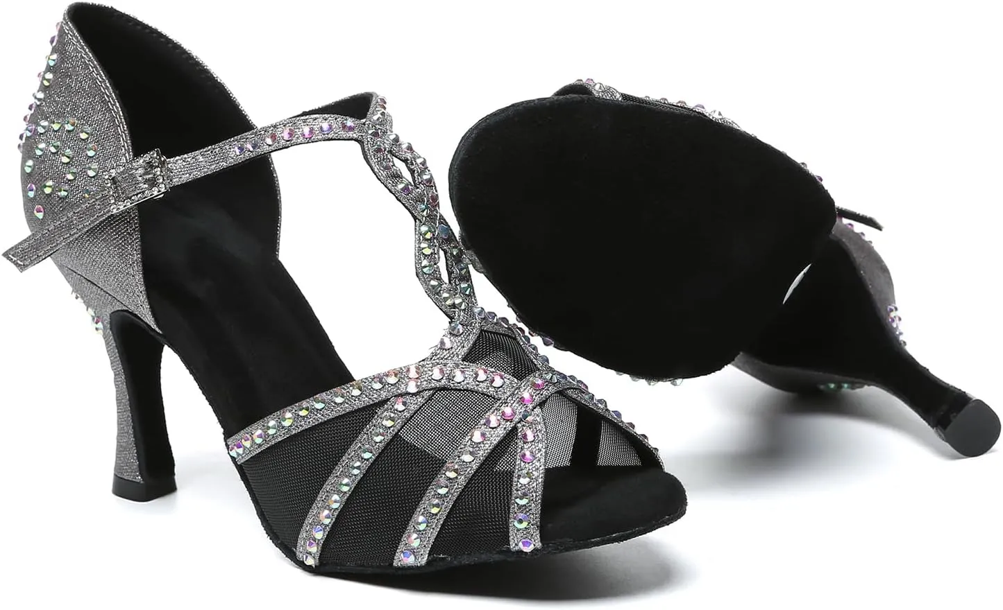 Women's Ballroom Dance Shoes T-Strap Open Toe Rhinestone Latin Salsa Bachata Performance Dancing Shoes, Model YCL641