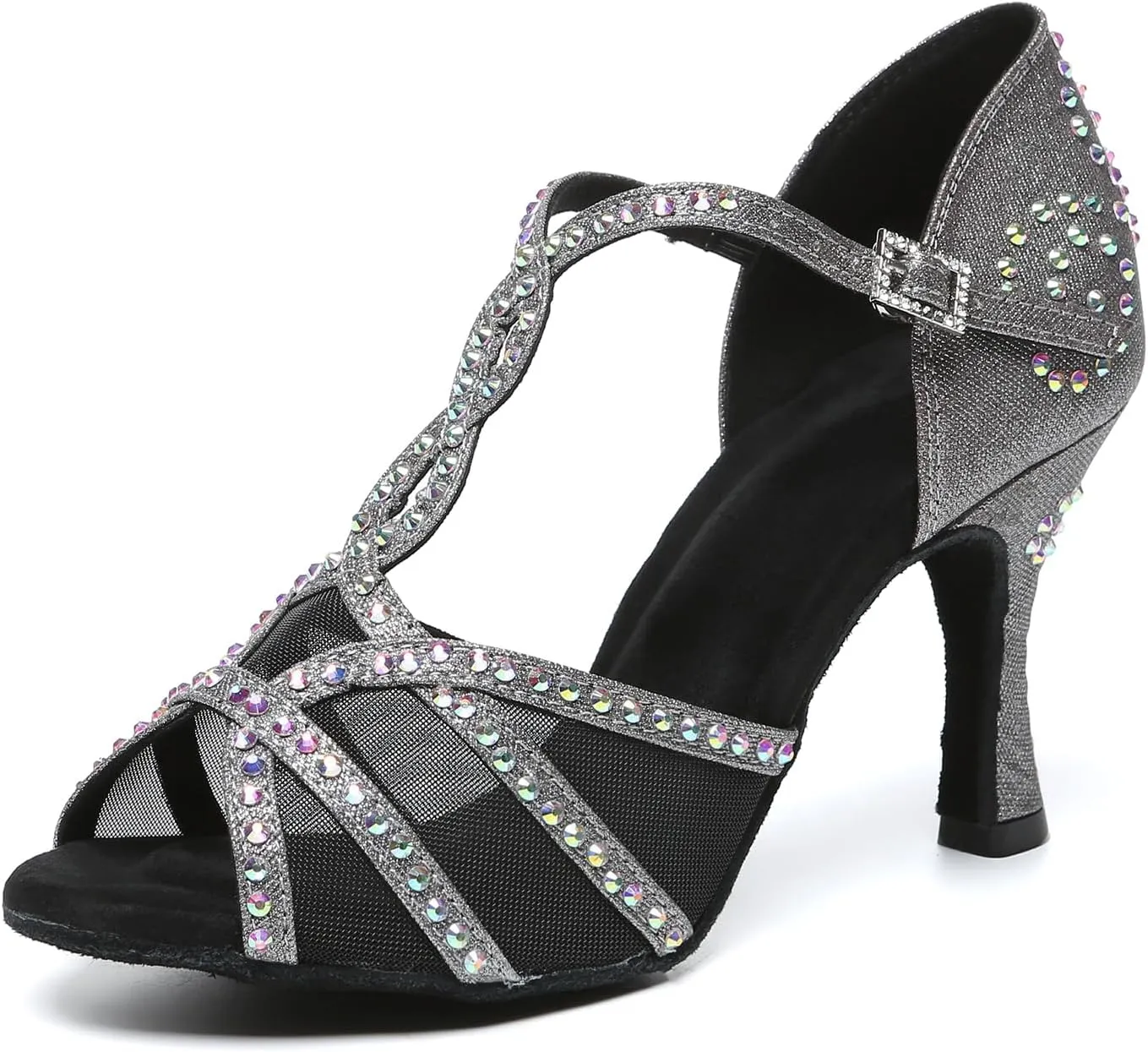 Women's Ballroom Dance Shoes T-Strap Open Toe Rhinestone Latin Salsa Bachata Performance Dancing Shoes, Model YCL641