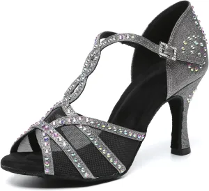 Women's Ballroom Dance Shoes T-Strap Open Toe Rhinestone Latin Salsa Bachata Performance Dancing Shoes, Model YCL641